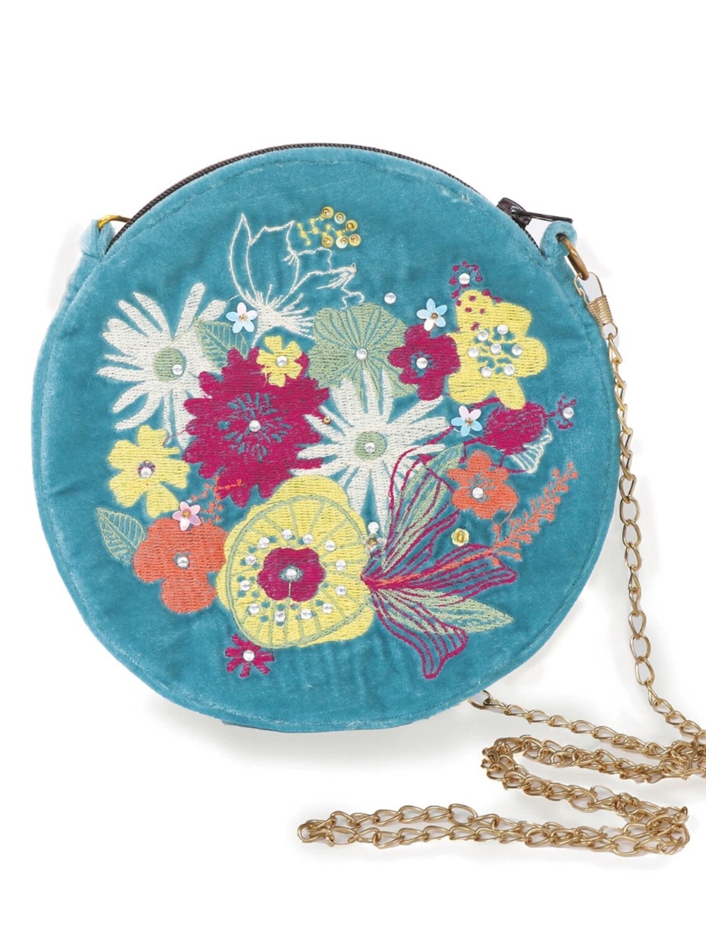 NWT Teal Floral Embroidered Round Crossbody Bag POWDER with Gold Chain